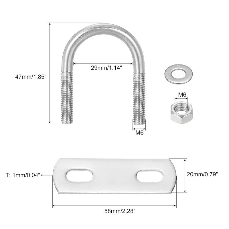 uxcell Round U-Bolts, 4 Sets 29mm(1.14") Inner Width 47mm Length M6 304 Stainless Steel U Clamp Bolt with Nuts and Plates, for Boat Trailer - Image 2